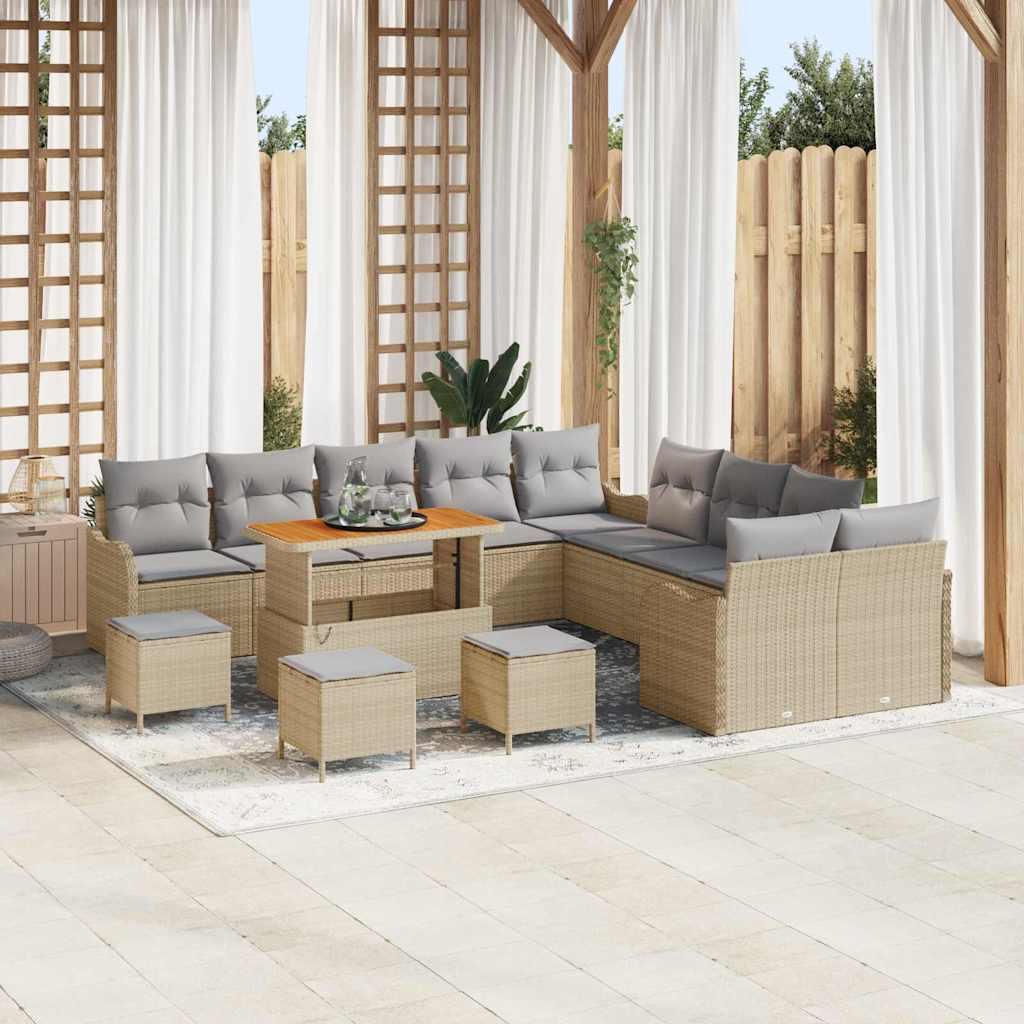 Havesofa Sæt 13 Dele Polyrattan, Stål Og Massivt Akacietræ - Beige / Lysegrå / 110 cm bordlængde