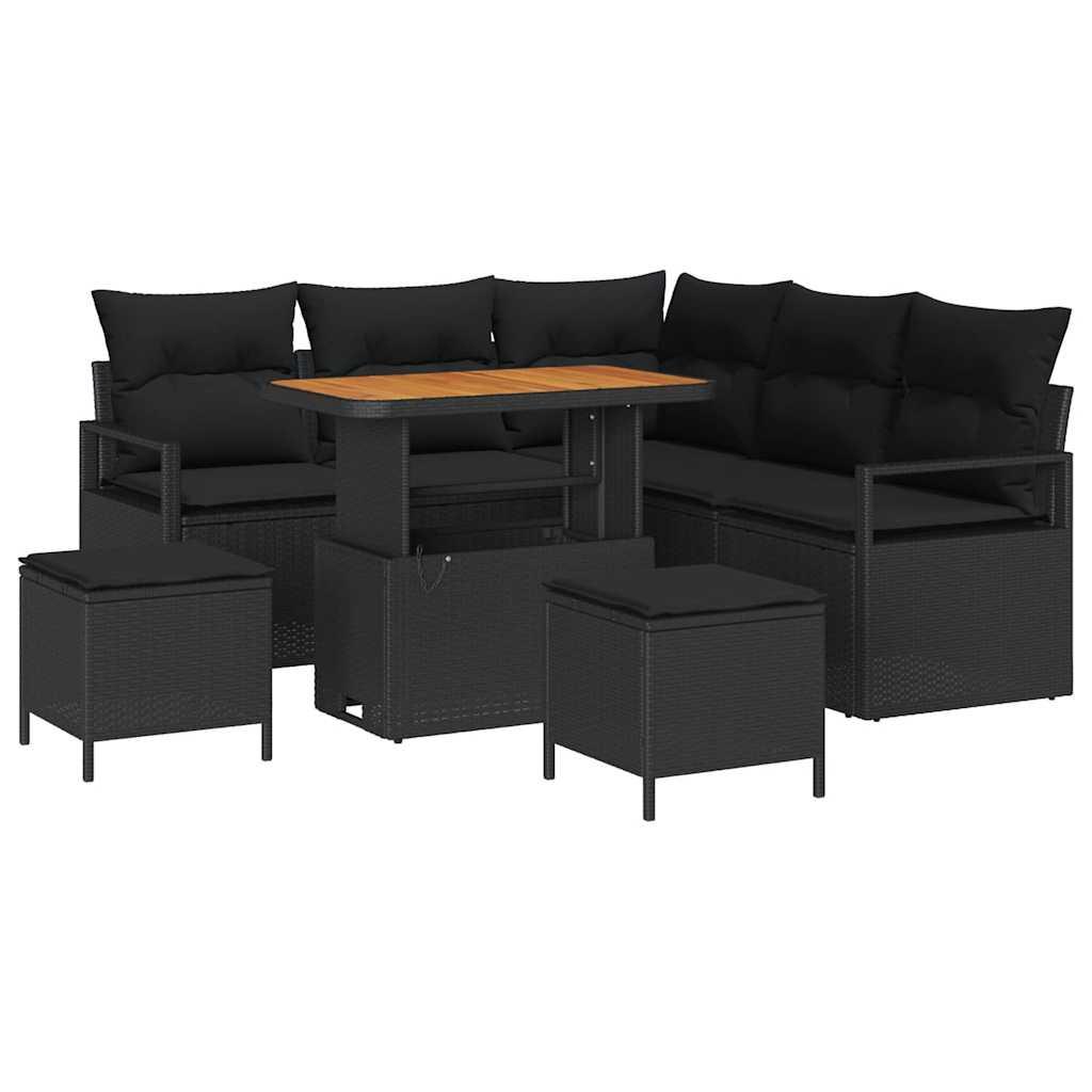 Havesofa sÃ¦t 8 dele - sort polyrattan, stÃ¥l og massivt akacietrÃ¦