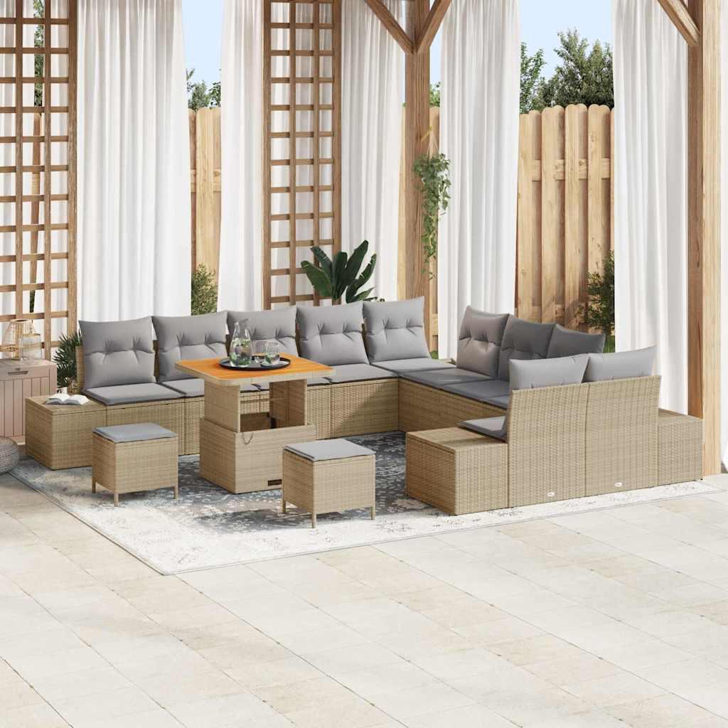 Havesofa sæt i beige poly rattan - modulært loungesæt med puder og opbevaring, 13 dele