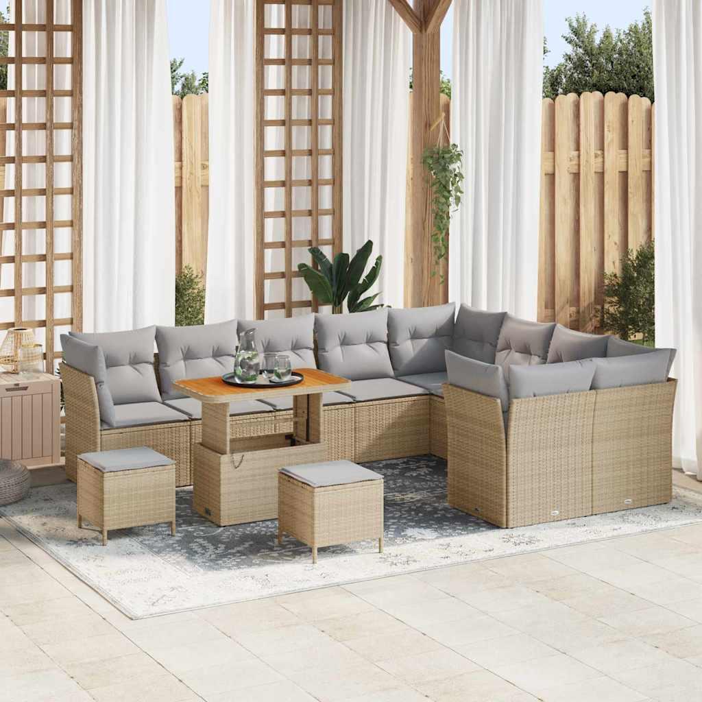 Havesofa Sæt 12 Dele Polyrattan - Beige / Lysegrå / 90 cm bordlængde