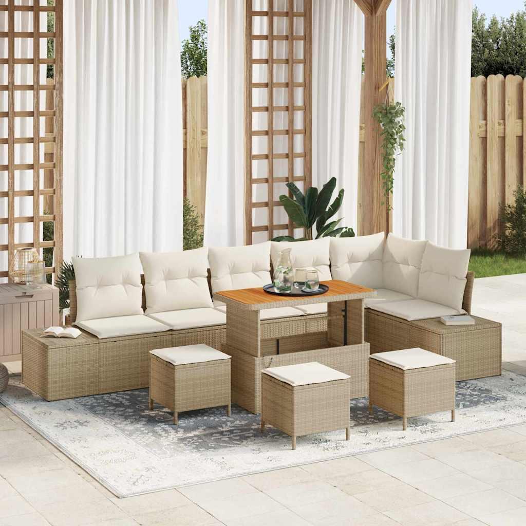 Havesofa Sæt Med Pude 9 Dele Polyrattan - Beige / Cremehvid / 110 cm bordlængde