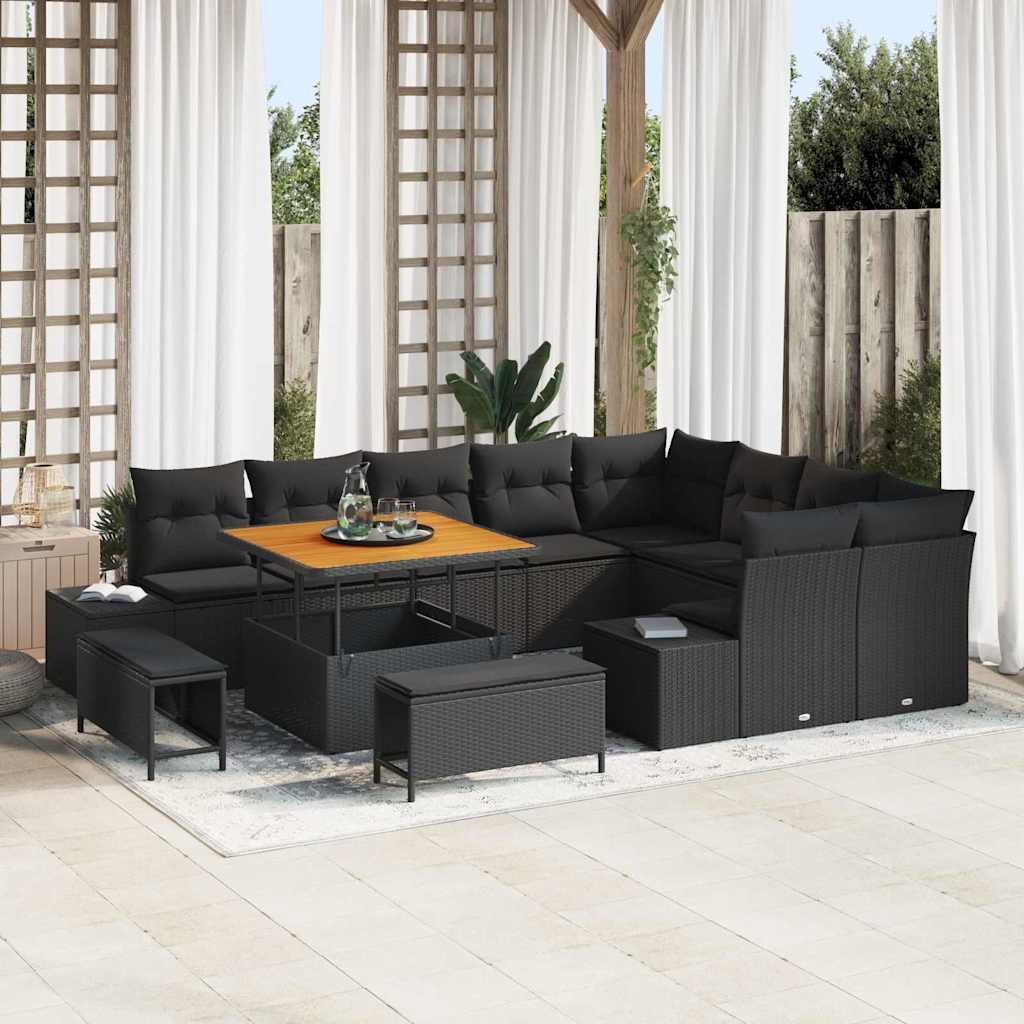 Havesofa Sæt Med Pude 12 Dele Polyrattan - Sort / Sort / 100 cm bordlængde