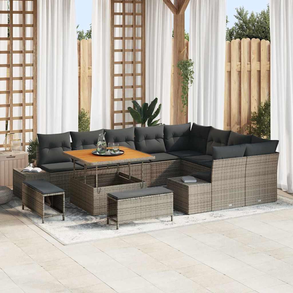 Havesofa Sæt Med Pude 12 Dele Polyrattan - Grå / Mørkegrå / 100 cm bordlængde