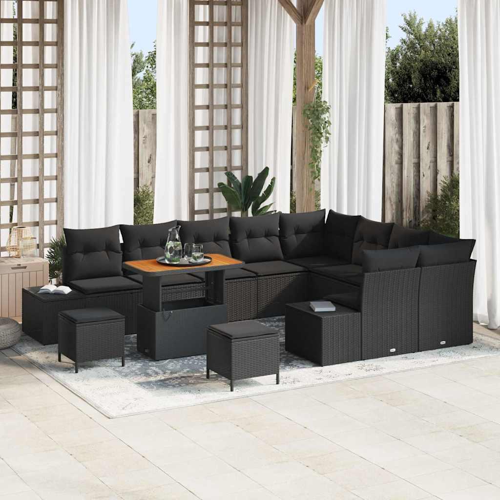 Havesofa Sæt Med Pude 12 Dele Polyrattan - Sort / Sort / 90 cm bordlængde