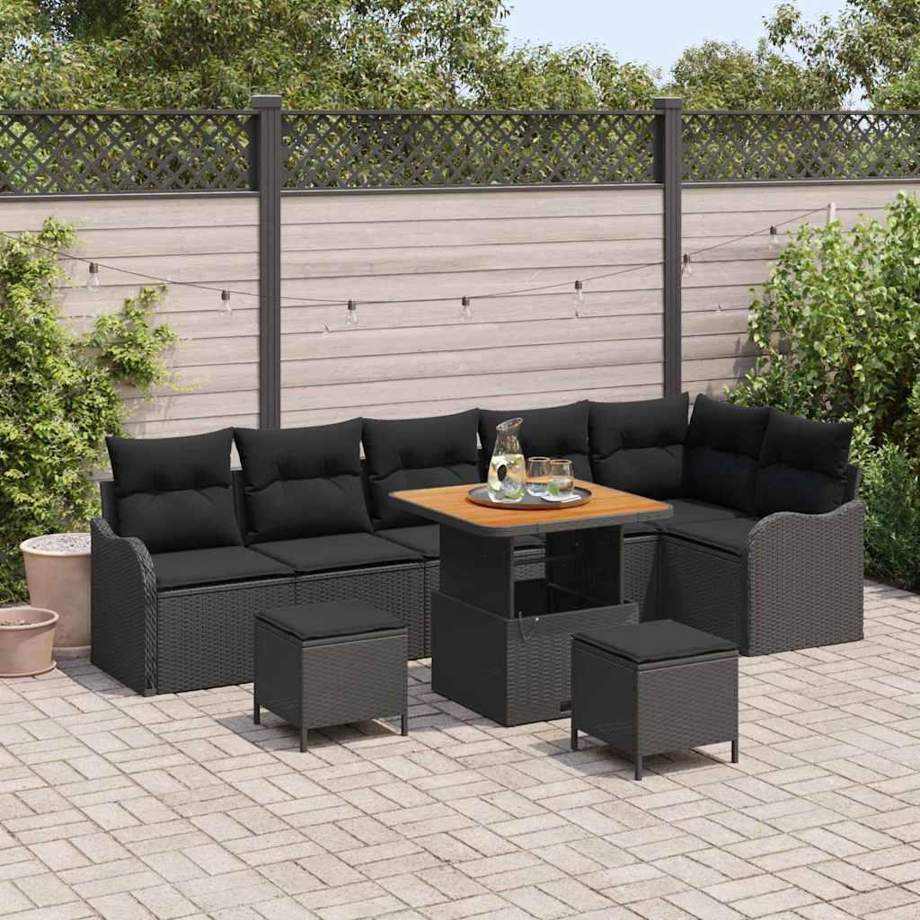Havesofa Sæt Med Pude 9 Dele Polyrattan - Sort / Sort / 80 cm bordlængde