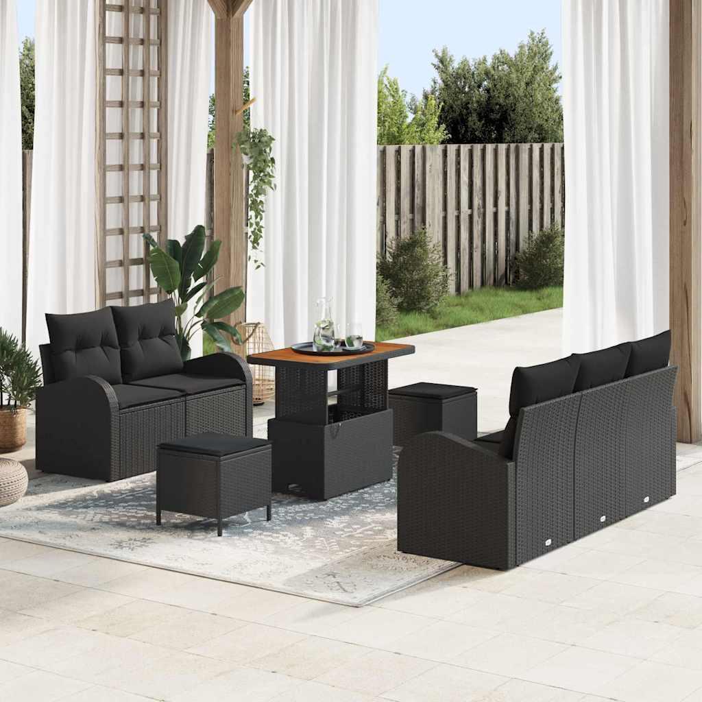 Havesofa sæt 8 stk med puder og højdejusterbart bord i sort polyrattan