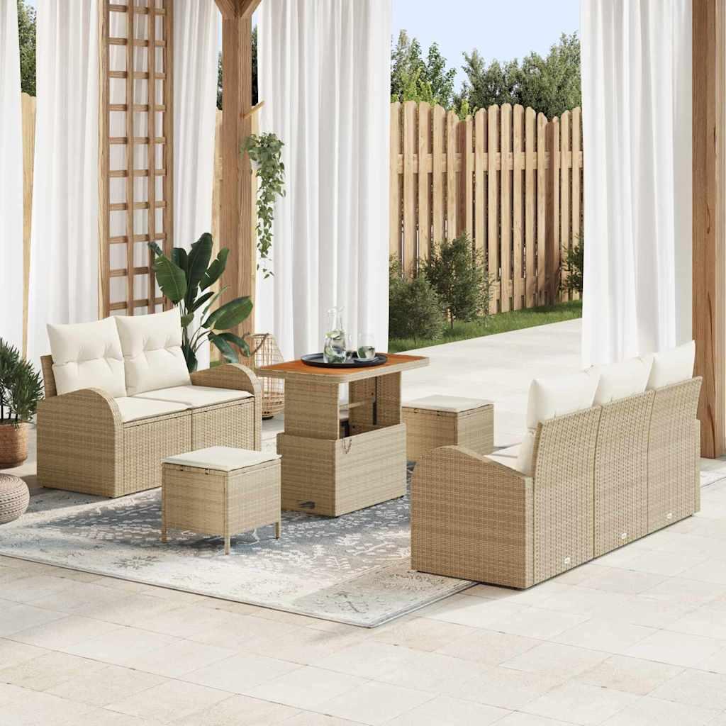 Havesofa sæt 8 dele med puder og hæve-sænkebord i beige polyrattan