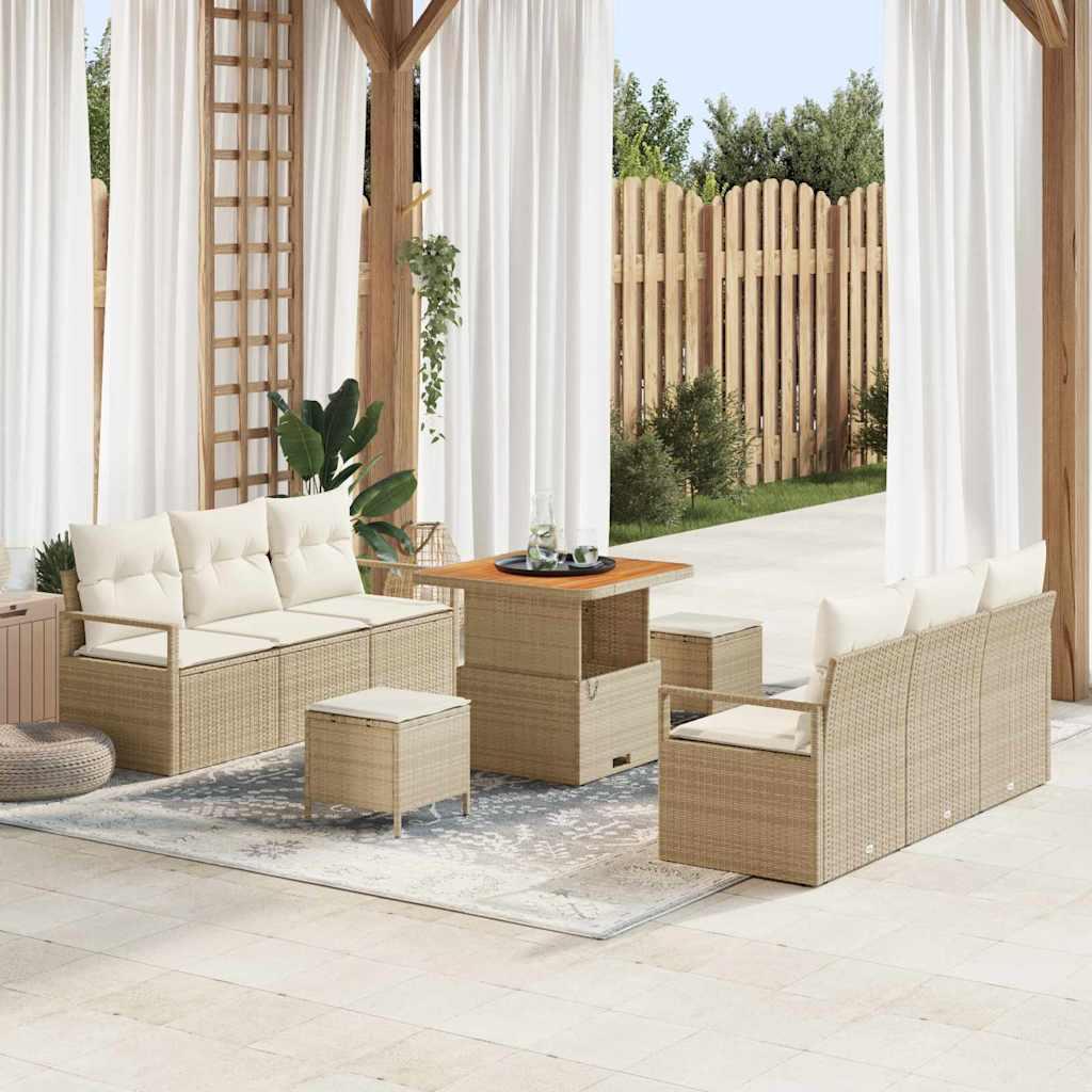 Havesofa sæt med puder 9 dele i beige polyrattan