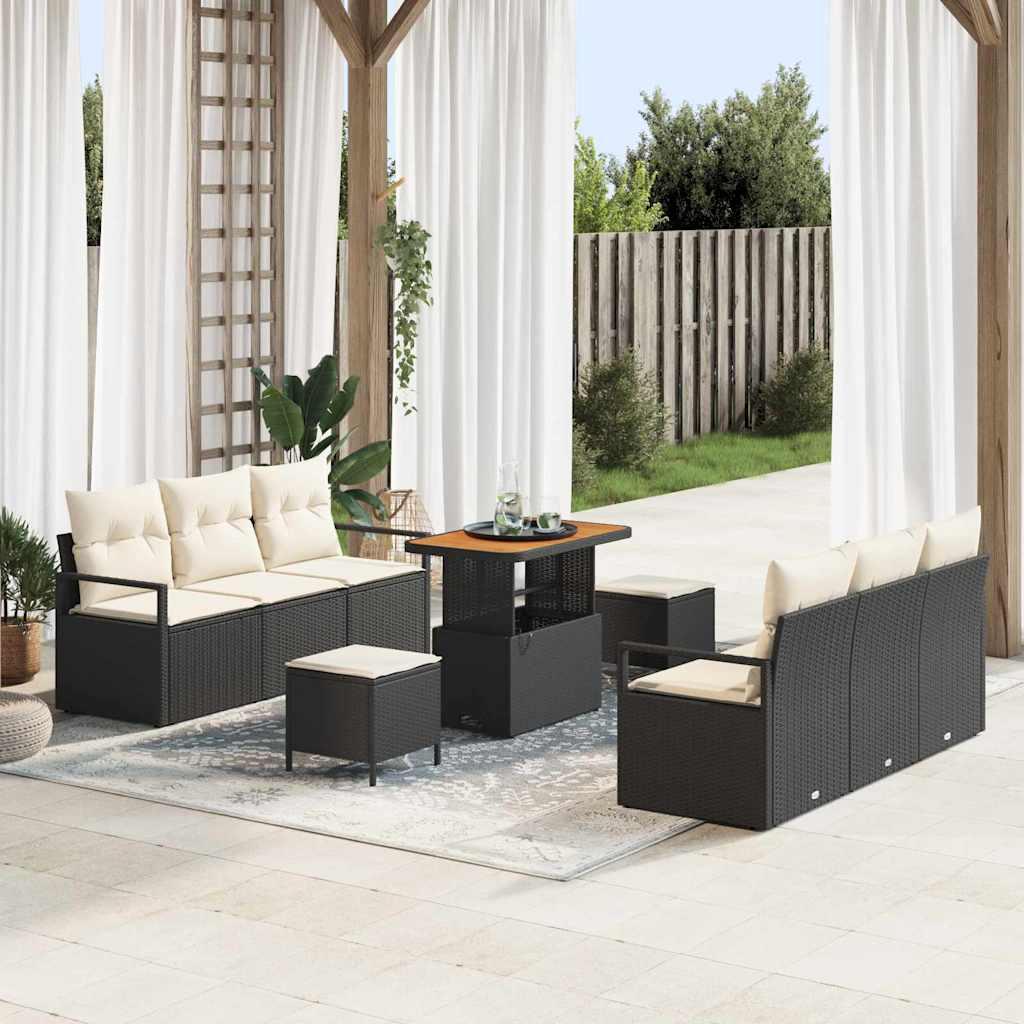Havesofa sæt med puder - 9 dele i sort polyrattan, justerbart bord