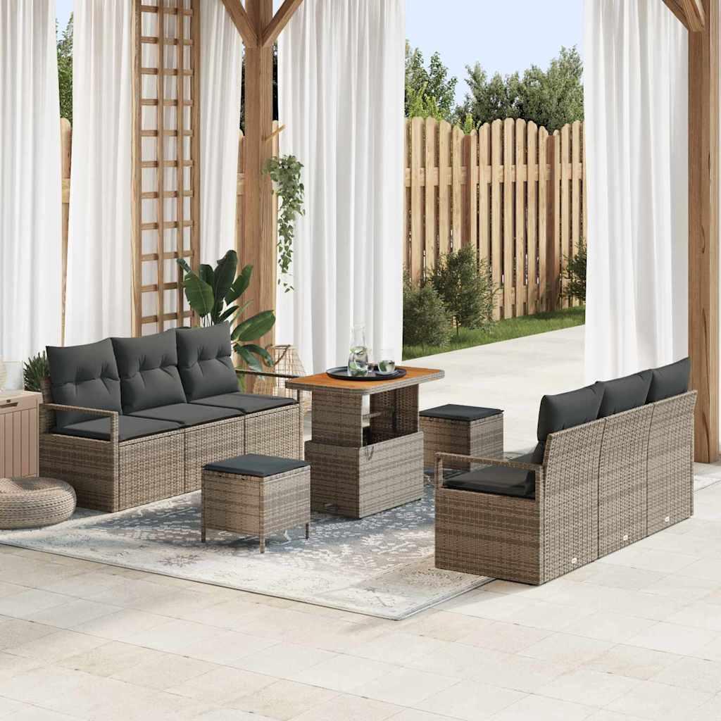 Havesofa sæt med puder - 9 dele i grå polyrattan med justerbart bord