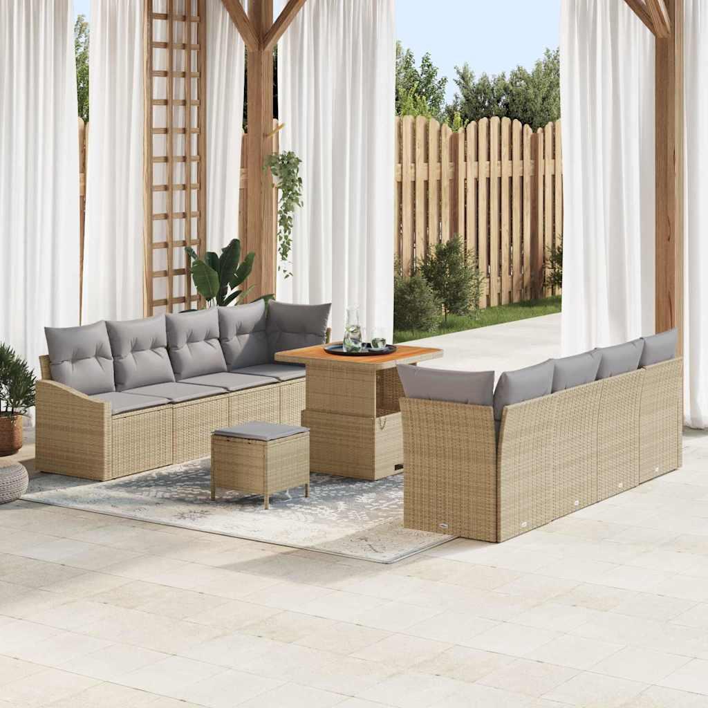 Havesofa sæt med puder, 11 dele - beige polyrattan, modulært loungesæt til terrasse og have