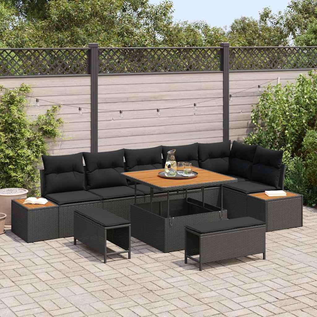 Havesofa sæt i sort polyrattan - 9 dele modulært loungesæt med bord i akacietræ