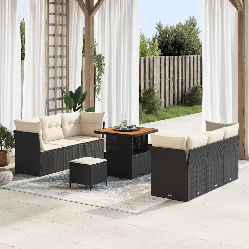 Modulært havesofa-sæt i sort polyrattan - 9 dele med højdejusterbart bord