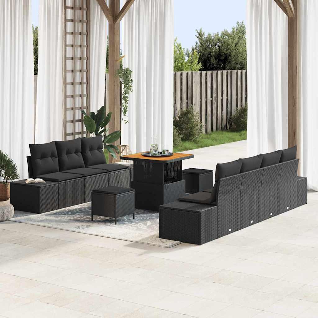 Havesofa sæt med puder 10 stk i sort polyrattan
