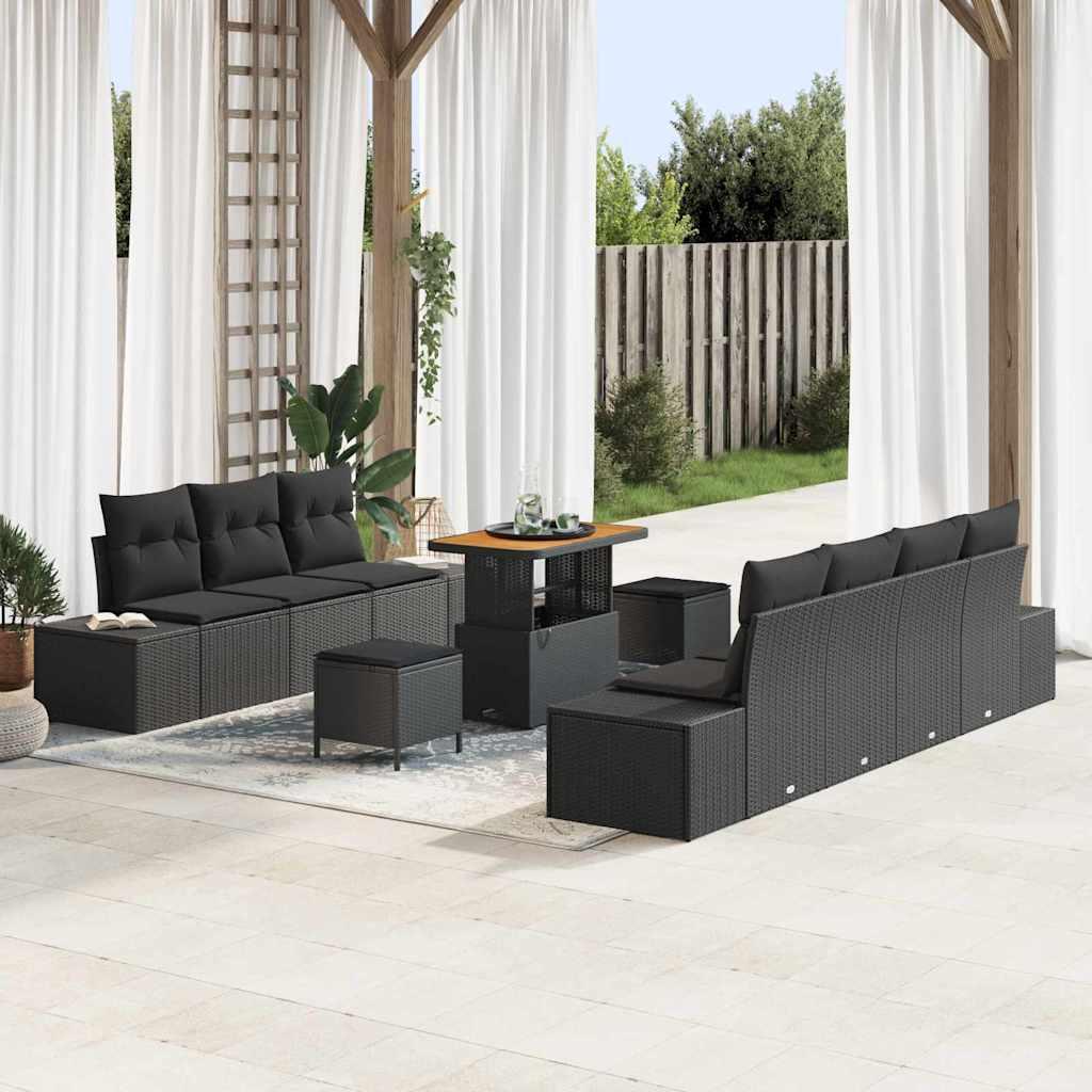 Havesofa sæt med puder 10 stk i sort polyrattan