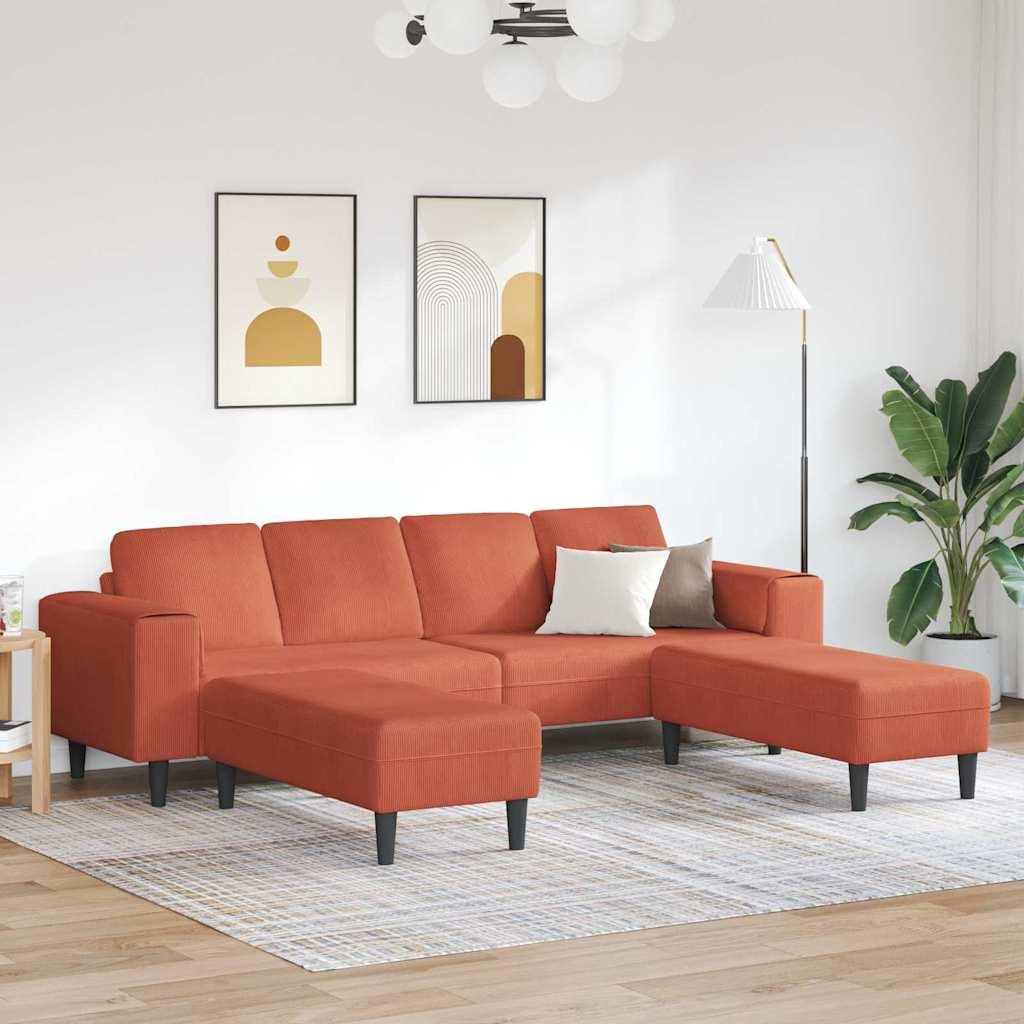 U-formet sofa i velour/corduroy - rødorange, 250 × 188 × 76 cm