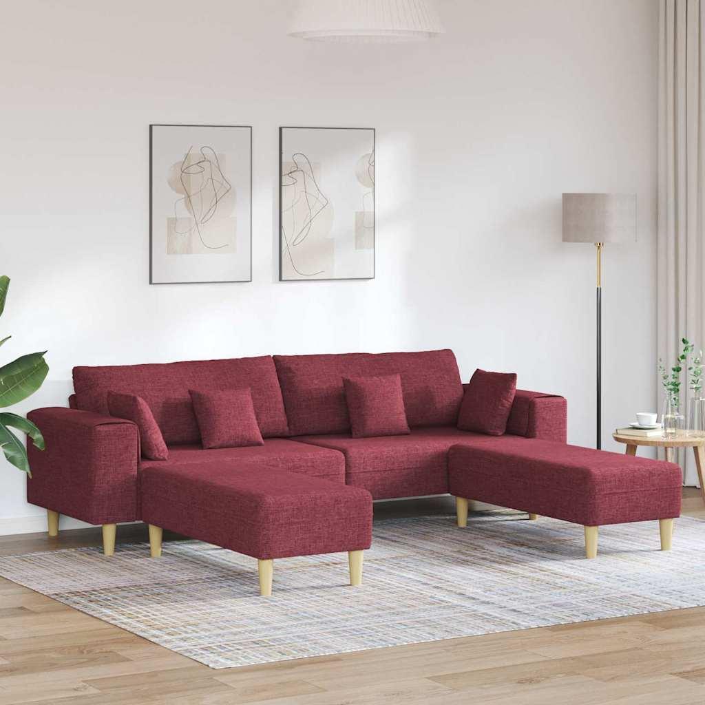 Hjørnesofa med 2 ottomaner - vinrød stof, 4-personers