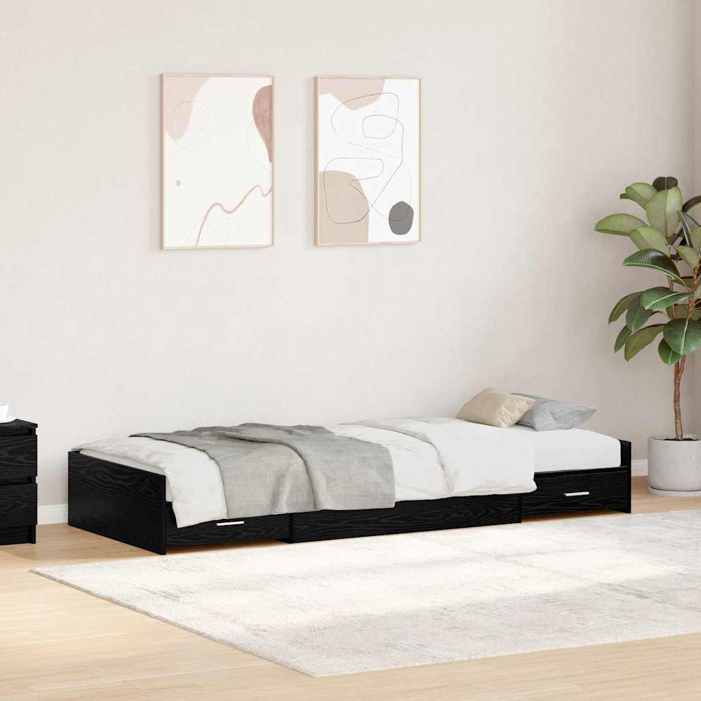 Seng Med Opbevaring Med Skuffe Sort Eg 90 X 200 Cm Konstrueret Træ