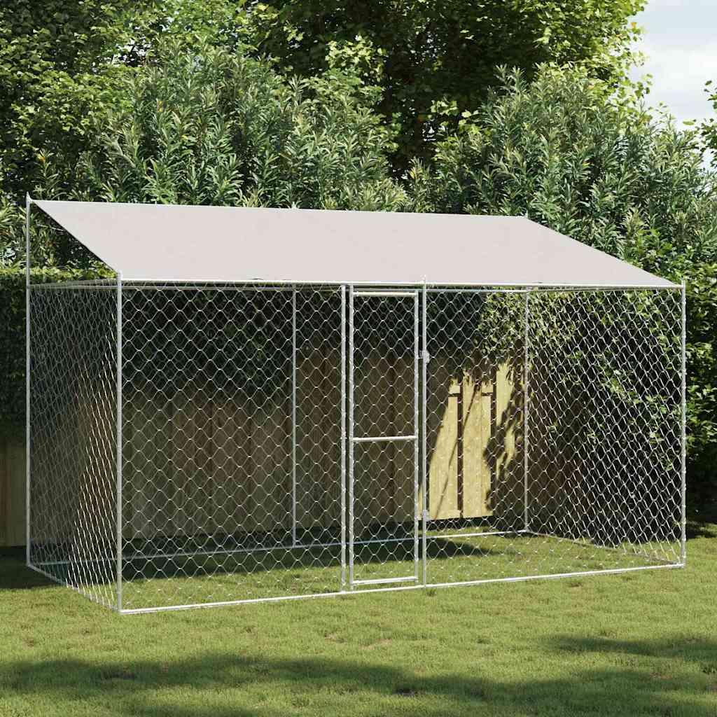 Udendørs hundebur med tag - sølv, 400 × 200 × 256 cm, stål og PE