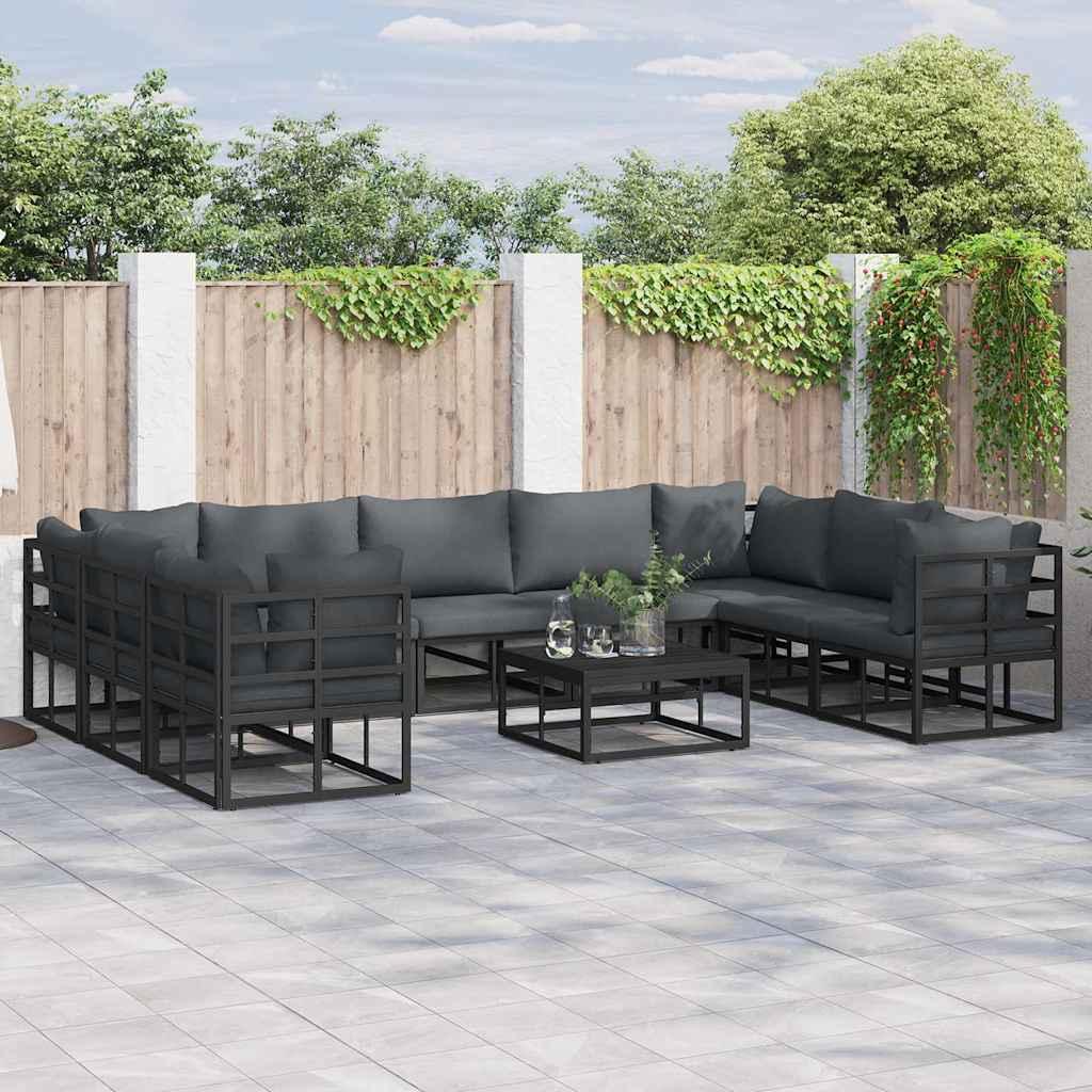 Havesofa loungesæt med puder - 10 dele, sort aluminium