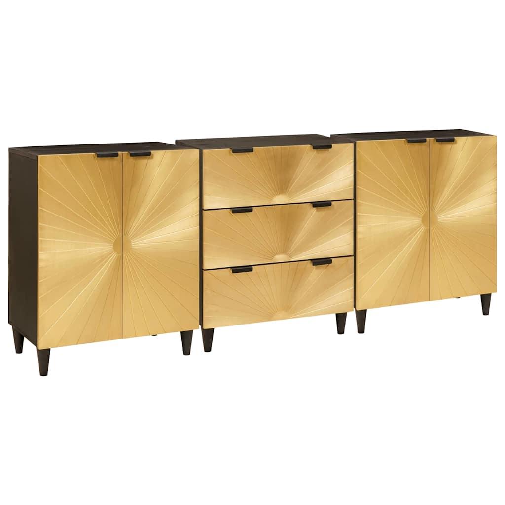 Sidebord 3 stk Sort og Guld 60 x 33 x 75 cm Massivt mangotræ