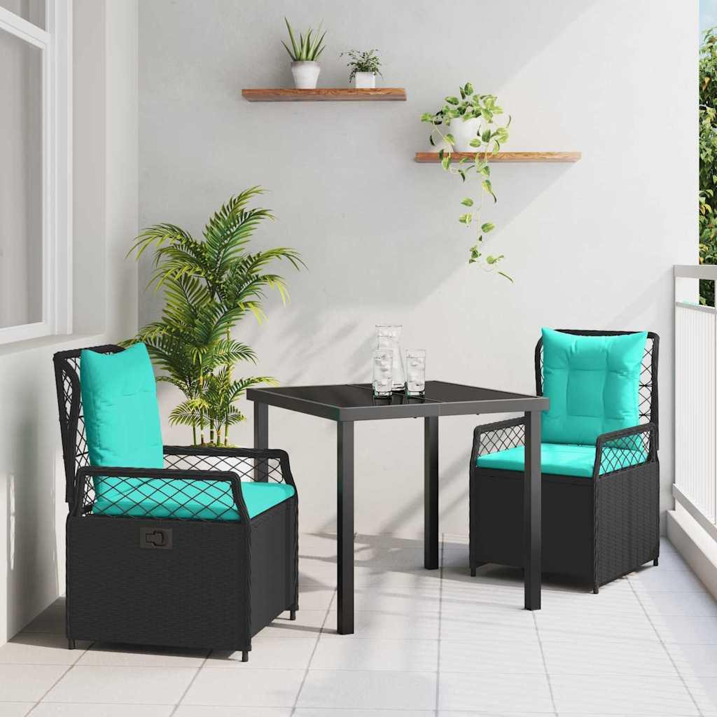 Have spisebordssæt i sort polyrattan - 3 dele med glasbord og 2 stole