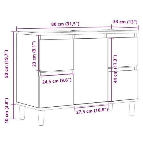 Underskab til håndvask 80 x 33 x 60 cm med 4 skuffer og låge