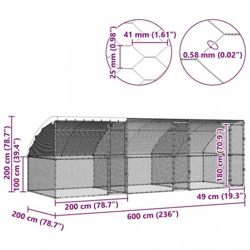 Hønsebur - 3 sektioner i sølv, 600 × 200 × 200 cm, stål og PE