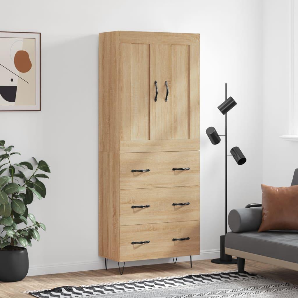 Højskab 69,5x34x180 Cm Konstrueret Træ - Sonoma-eg / 3 skuffer