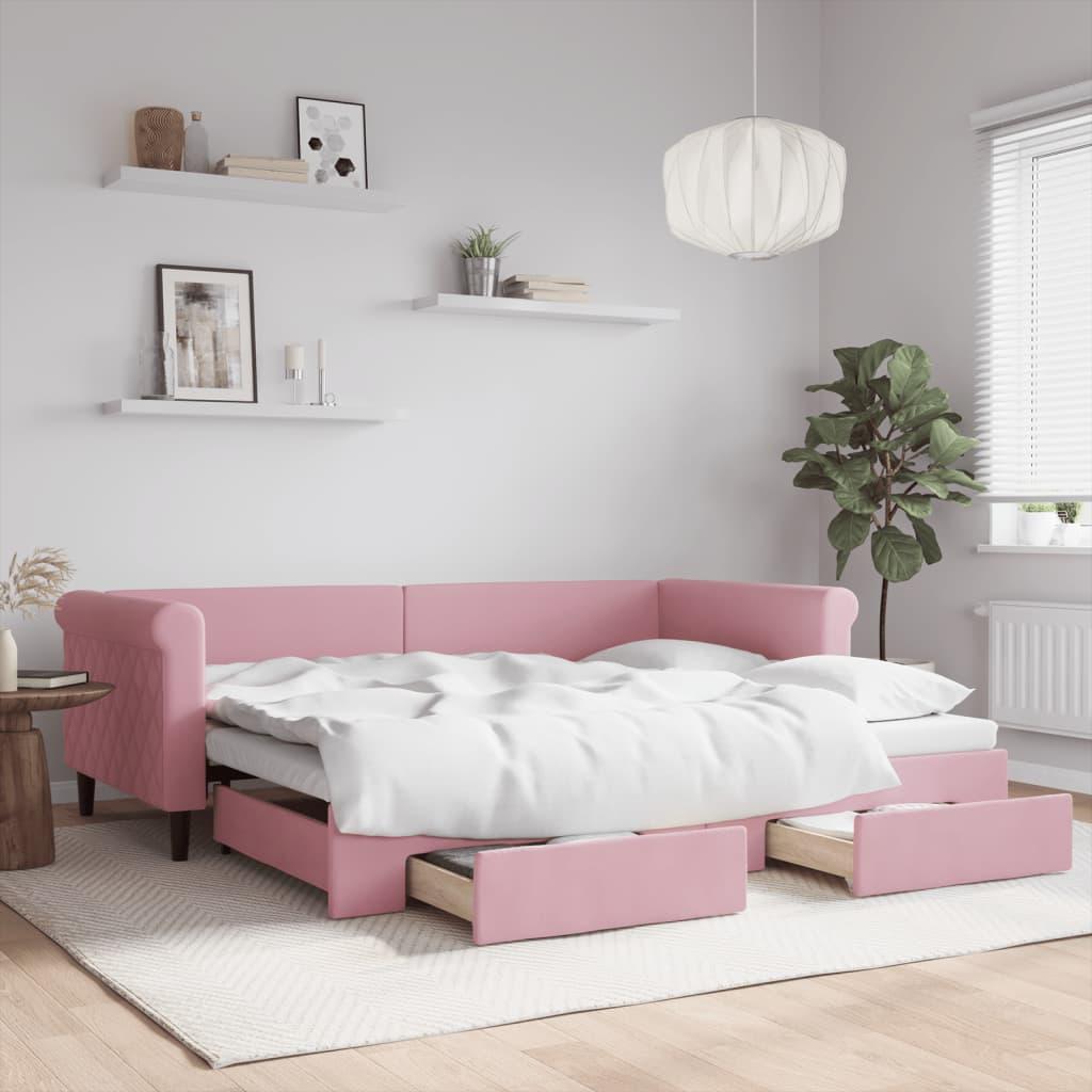 vidaXL daybed med udtræk og skuffer 90x200 cm velour lyserød