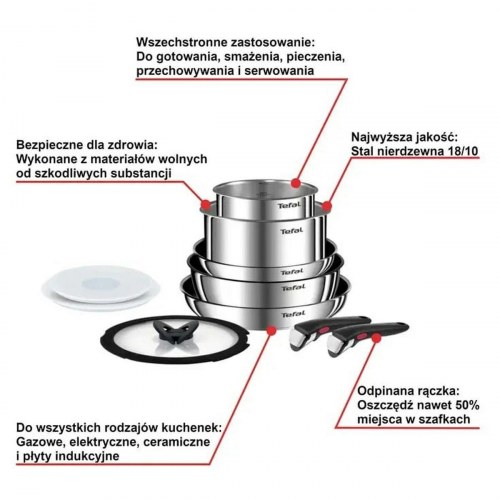 Grydesæt Tefal L897SA74 - 10 dele, rustfrit stål, sort/rød