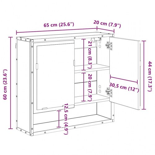 Badeværelsesspejlskab med hylde Gammelt træ 65 x 20 x 60 cm