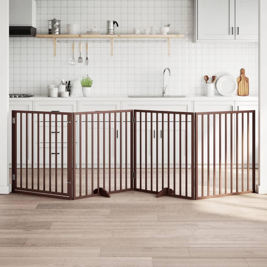 Hundegitter med dør foldbar 4 paneler brun 320 cm poppeltræ