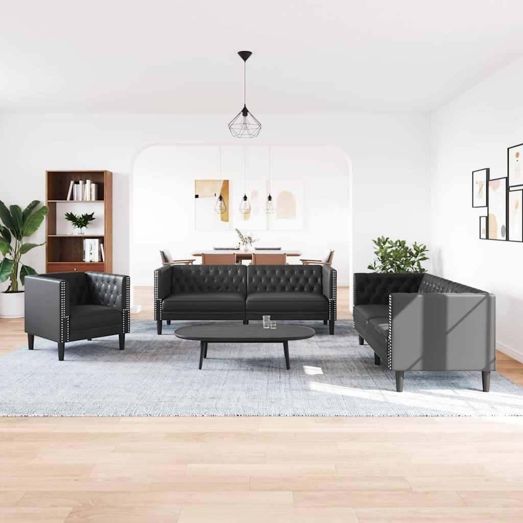 Sofasæt 3 stk. i sort faux læder til stue