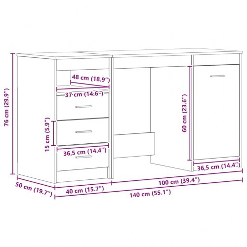 Skrivebord med skuffer - sort eg, 140 × 50 × 76 cm, konstrueret træ