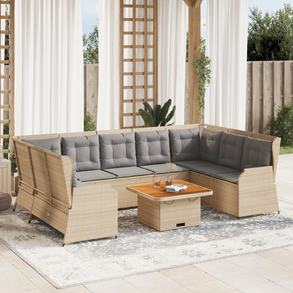 Loungesæt til haven i polyrattan - 7 dele med hynder, beige