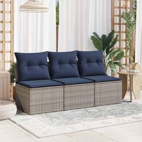 3-personers havesofa med hynder i polyrattan - grå/marineblå