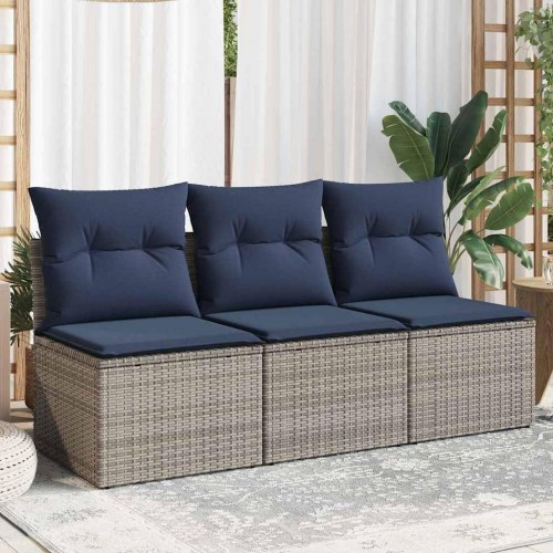 3-personers havesofa med hynder i polyrattan - grå/marineblå