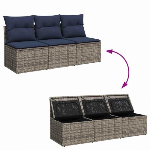 3-personers havesofa med hynder i polyrattan - grå/marineblå