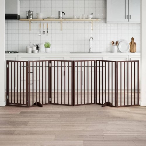 Foldbart hundegitter med dør - 6 paneler, brun poppeltræ, 300 cm