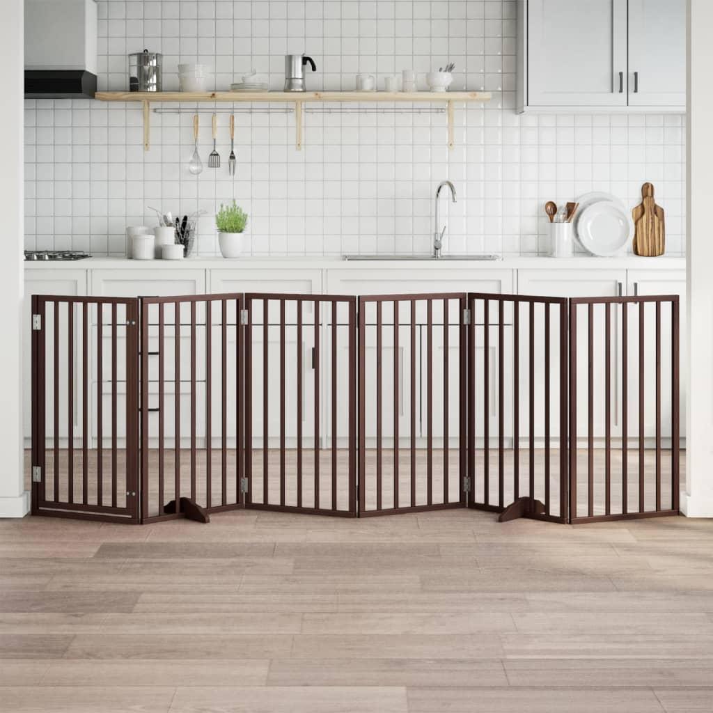 Hundegitter med dør foldbar 6 paneler brun 300 cm poppeltræ