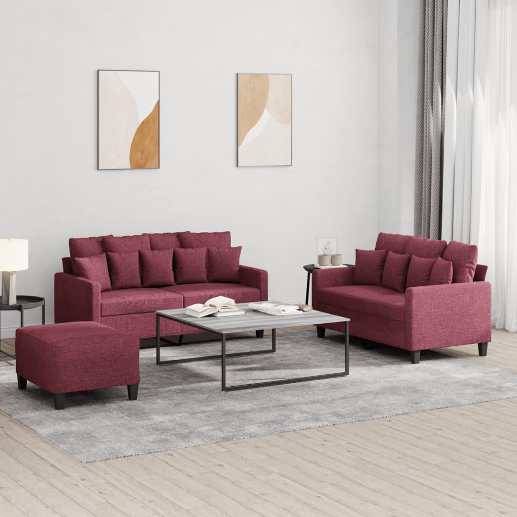 Sofasæt i stof med hynder - 2 x 2-personers sofa + fodskammel, vinrød