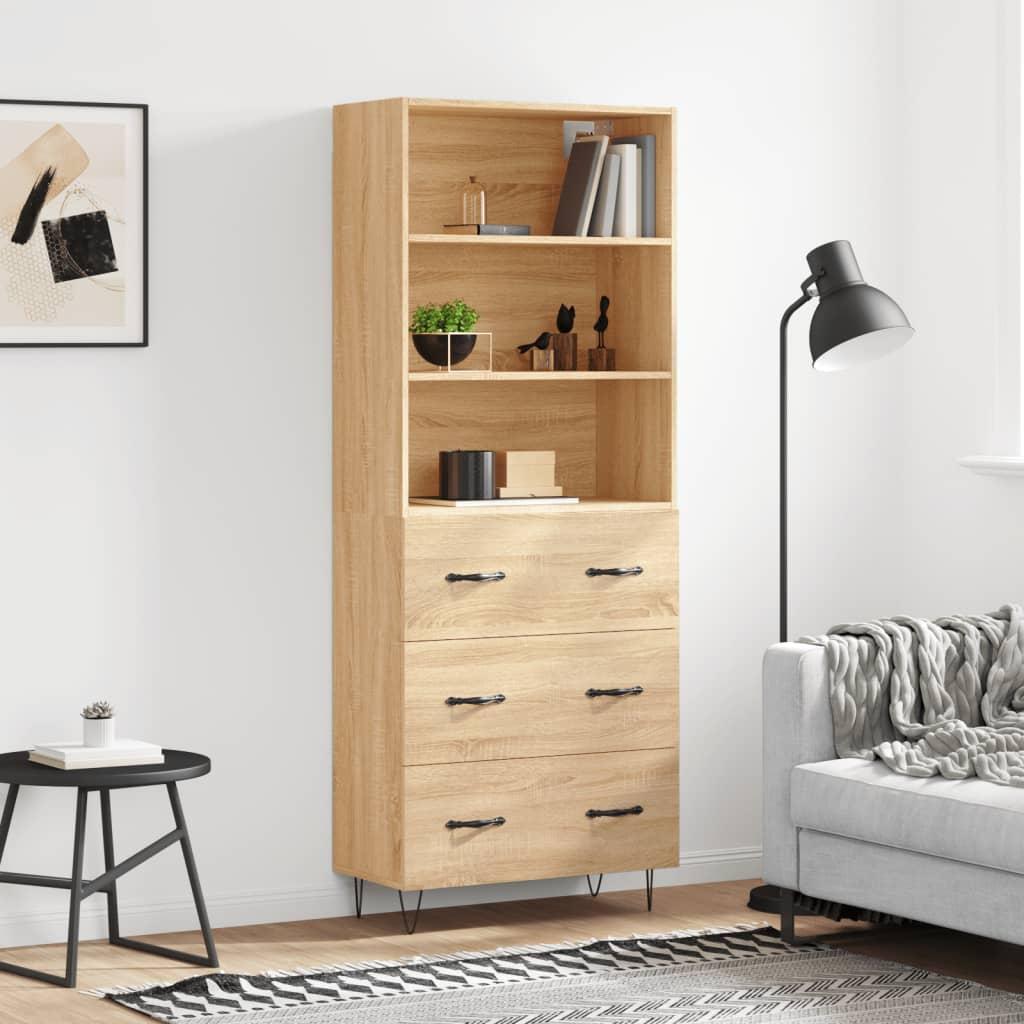 Højskab 69,5X34X180 Cm Konstrueret Træ - Sonoma-eg / 3 skuffer