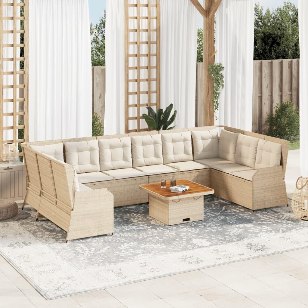 Loungesæt til haven i polyrattan, 7 dele med hynder - beige