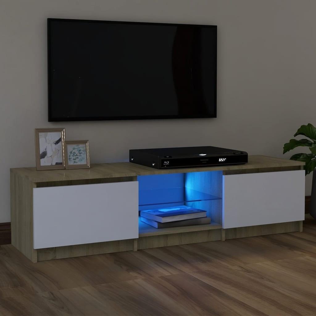 Tv-bord med LED-lys 120x30x35,5 cm hvid og sonoma-eg