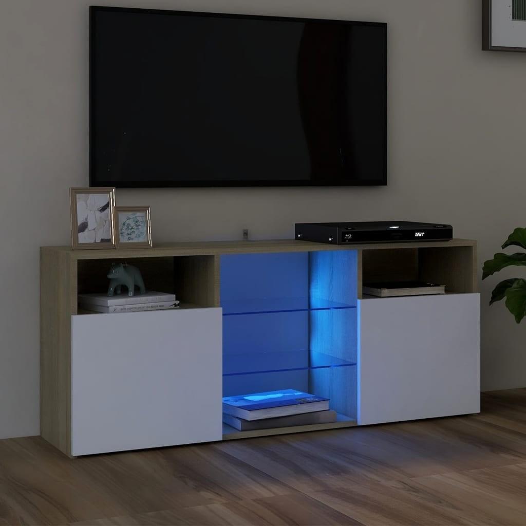 Tv-bord med LED-lys 120x30x50 cm hvid og sonoma-eg