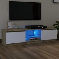 Tv-bord med LED-lys 140x40x35,5 cm hvid og sonoma-eg