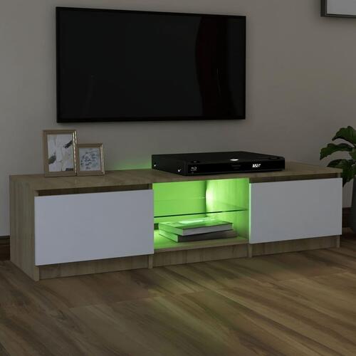 Tv-bord med LED-lys 140x40x35,5 cm hvid og sonoma-eg