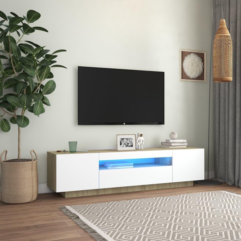 Tv-bord med LED-lys 160x35x40 cm hvid og sonoma-eg