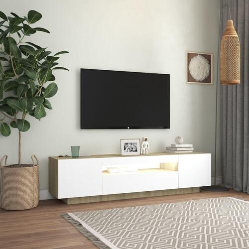 Tv-bord med LED-lys 160x35x40 cm hvid og sonoma-eg